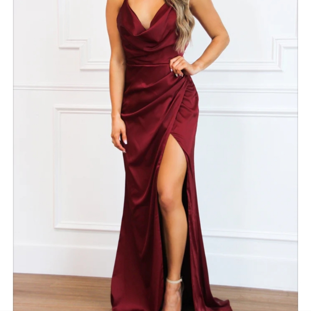 Brand new with tags burgundy satin cowl neck dress. It's a stunner!